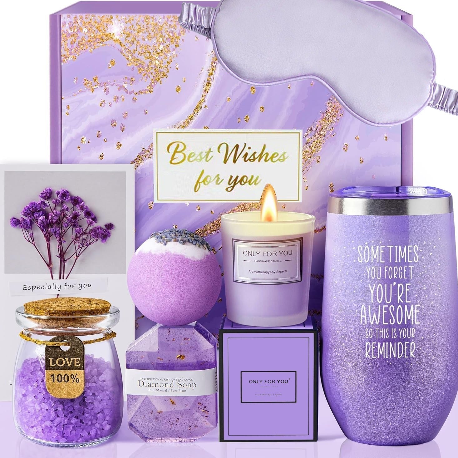 Geschenkset für Frauen, lila, mit Kerze, Badesalz, Seife, Schlafmaske, ideal für Entspannung.
