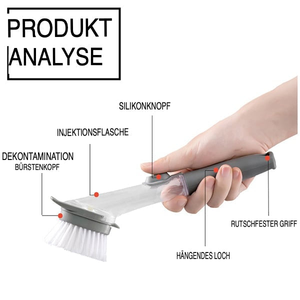 Hand hält graue Geschirrspülbürste mit Silikonknopf und rutschfestem Griff, ideal für Küchenreinigung.