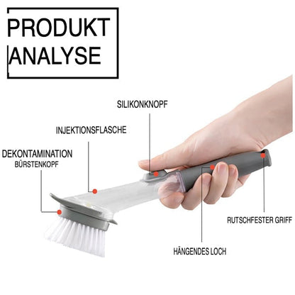 Hand hält graue Geschirrspülbürste mit Silikonknopf und rutschfestem Griff, ideal für Küchenreinigung.