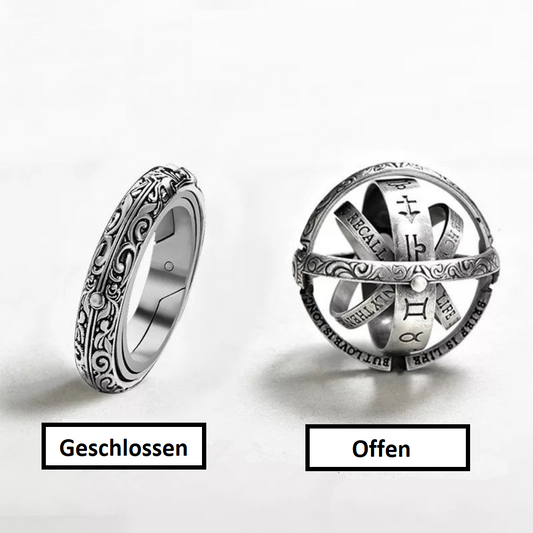Silberner Astrolabium-Ring, verstellbar, antikes Design, geschlossen und offen dargestellt.