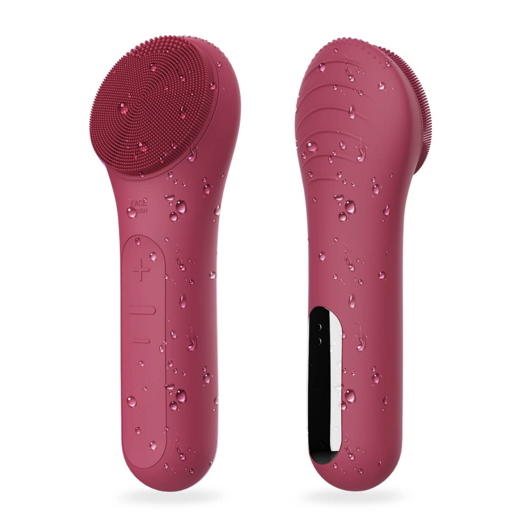 Rote elektrische Gesichtsreinigungsbürste, wasserdicht, Silikon, mit Massagefunktion.