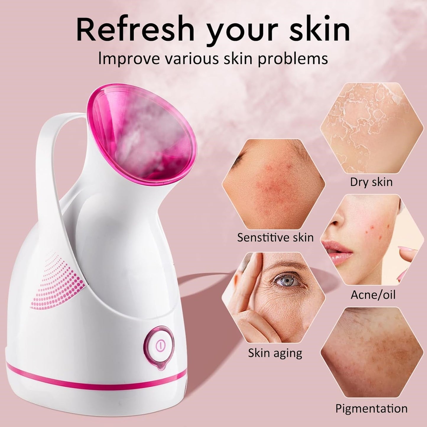 Gesichtsdampfer weiß-rosa, Hautpflege, Anti-Aging, Feuchtigkeitsgerät, Porenreinigung.