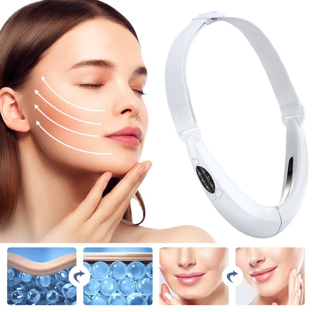 Frau mit weißem Gesichtsmassagegerät, Hautstraffung, Anti-Aging, Gesichtspflege, Wellness.
