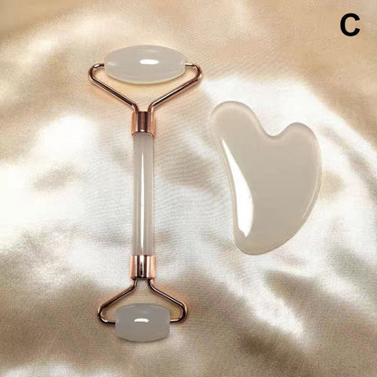 Jade-Roller und Gua Sha Set, weiß, Gesichtsmassage, Hautpflege, Entspannung, Anti-Aging.
