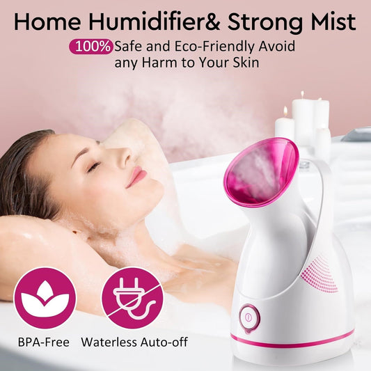 Weißer Gesichtsdampfer mit rosa Akzent, BPA-frei, Wasserlos-Auto-Off, für Hautpflege.