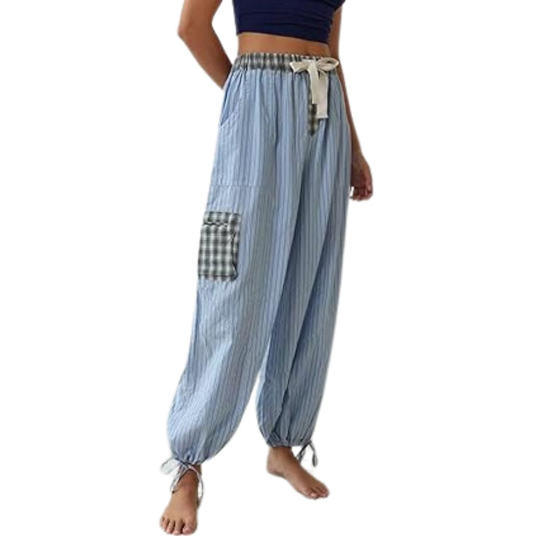 Damen Pyjamahose blau gestreift, Kordelzug, kariertes Detail, bequem, Freizeitkleidung