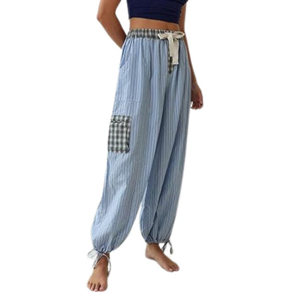 Damen Pyjamahose blau gestreift, Kordelzug, kariertes Detail, bequem, Freizeitkleidung