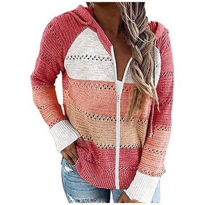 Damen Strickjacke mit Kapuze, gestreift, rosa und beige, Reißverschluss, lässig, modisch.