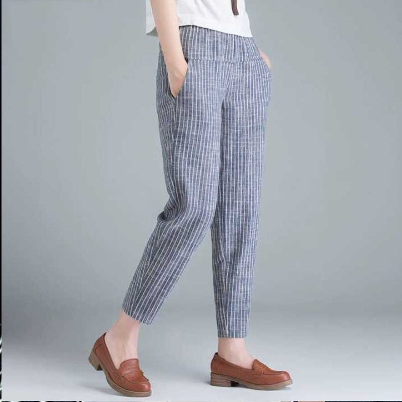 Damenhose gestreift blau, lässig, Baumwolle, elastischer Bund, modisch, bequem, Freizeitmode.