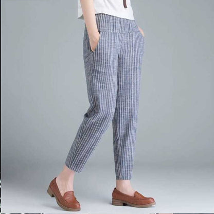 Damenhose gestreift blau, lässig, Baumwolle, elastischer Bund, modisch, bequem, Freizeitmode.