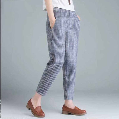 Damenhose gestreift blau-weiß, lässig, Baumwolle, mit Taschen, modisch, bequem, elegant