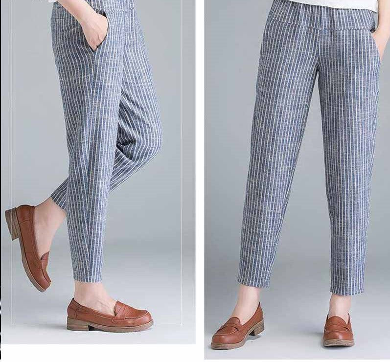 Gestreifte Damenhose aus Leinen, blau-weiß, lässig, bequem, mit Taschen, modisch.
