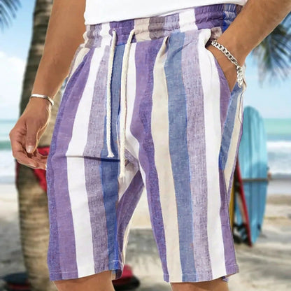 Lila-weiß gestreifte Herren-Shorts aus Leinen, ideal für Sommer und Strandmode.
