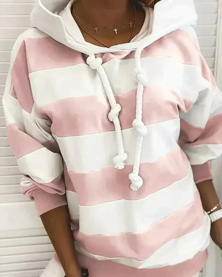 Damen Kapuzenpullover rosa-weiß gestreift, lässig, Baumwolle, modisch, bequem, Freizeitkleidung.