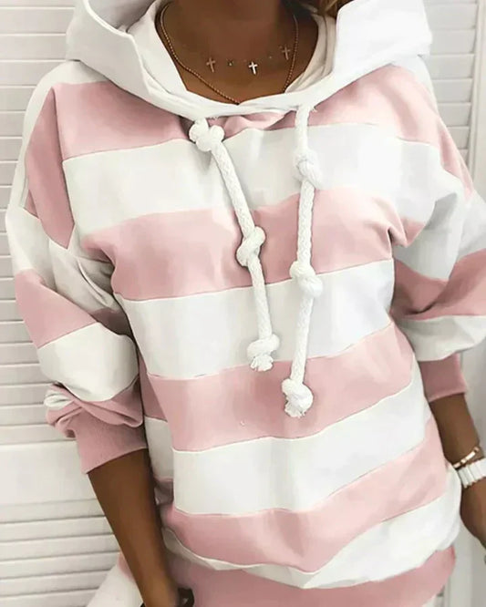 Damen Kapuzenpullover rosa-weiß gestreift, lässig, Baumwolle, modisch, bequem, Freizeitkleidung.