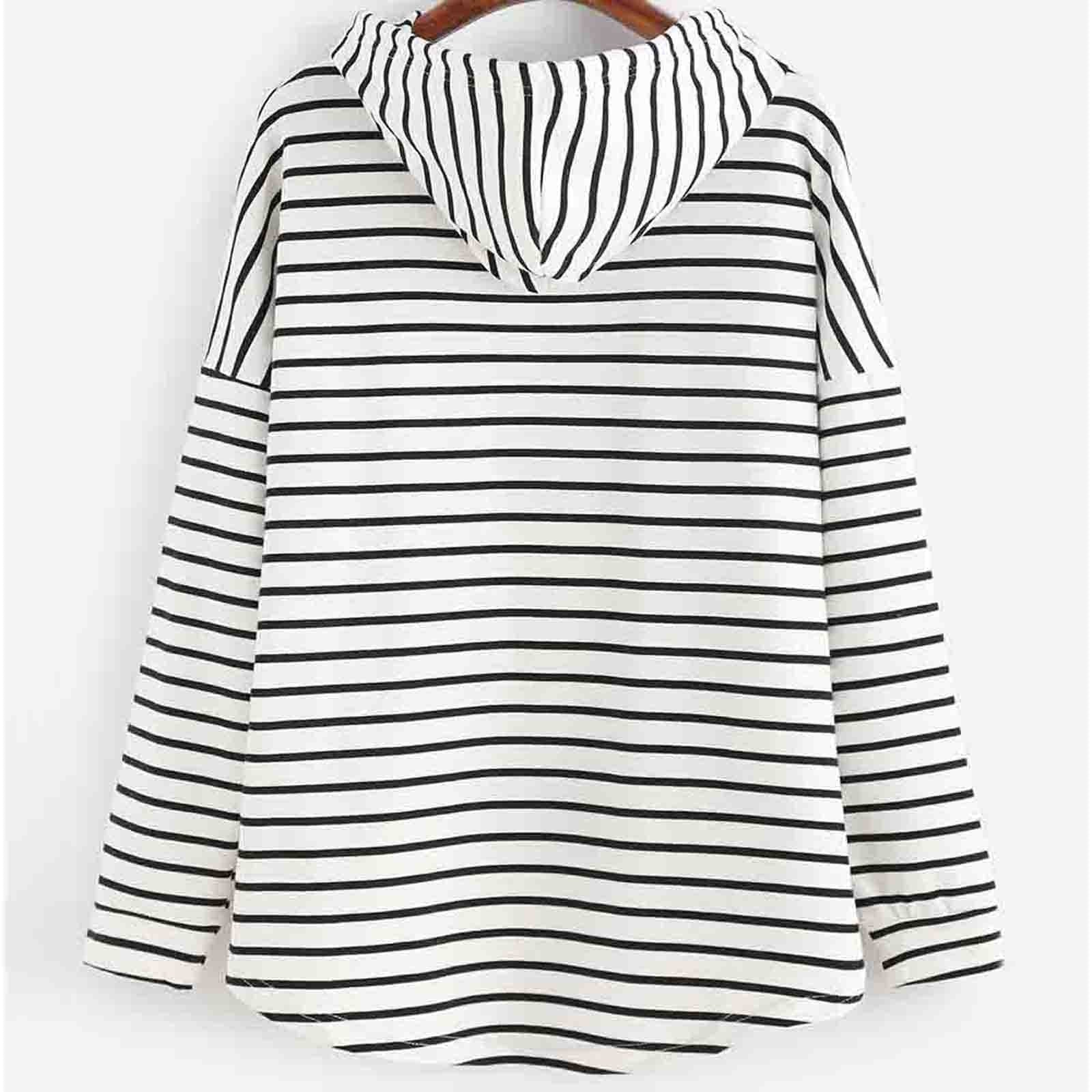 Gestreifter Kapuzenpullover Damen, schwarz-weiß, Baumwolle, lässig, modisch, bequem.