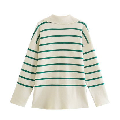 Gestreifter Pullover Damen, grün-weiß, Baumwolle, modisch, langärmelig, bequem, elegant