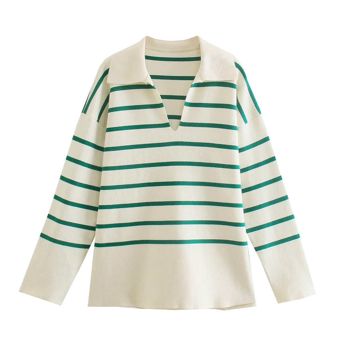 Beiger Pullover mit grünen Streifen, V-Ausschnitt, Langarm, Baumwolle, modisch, Damenmode