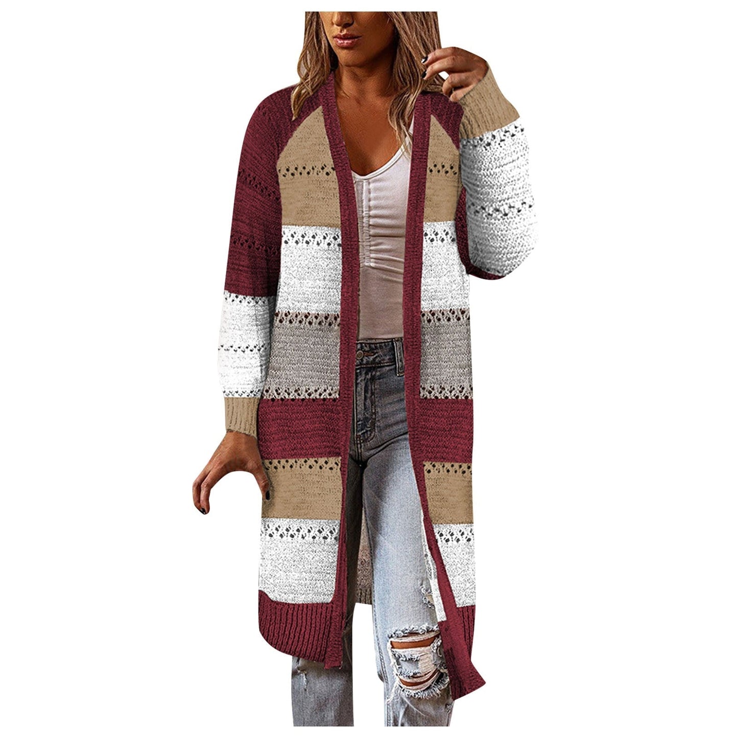 Damen Strickjacke, lang, gestreift, rot-beige-weiß, lässig, Herbstmode, Baumwolle.