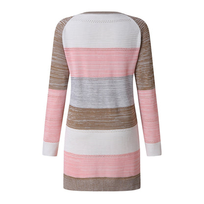 Damen Strickkleid, gestreift, rosa-braun-grau, langärmelig, Baumwolle, modisch, bequem.