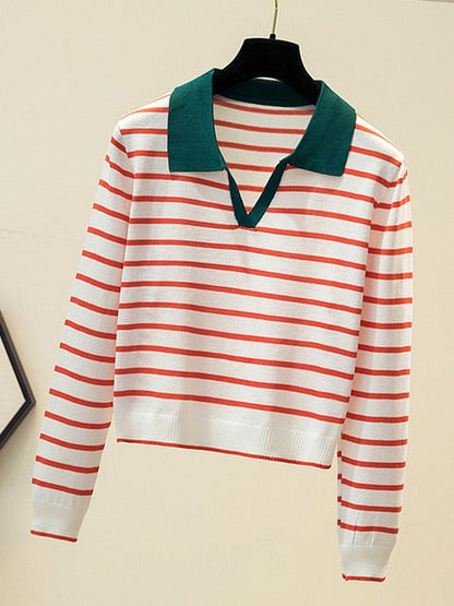 Gestreifter V-Ausschnitt Pullover Damen, weiß-rot, lange Ärmel, Herbstmode, casual.