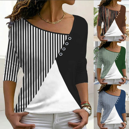 Damenbluse mit Streifenmuster, Knöpfen, Schwarz-Weiß, Langarm, modisch, elegant.