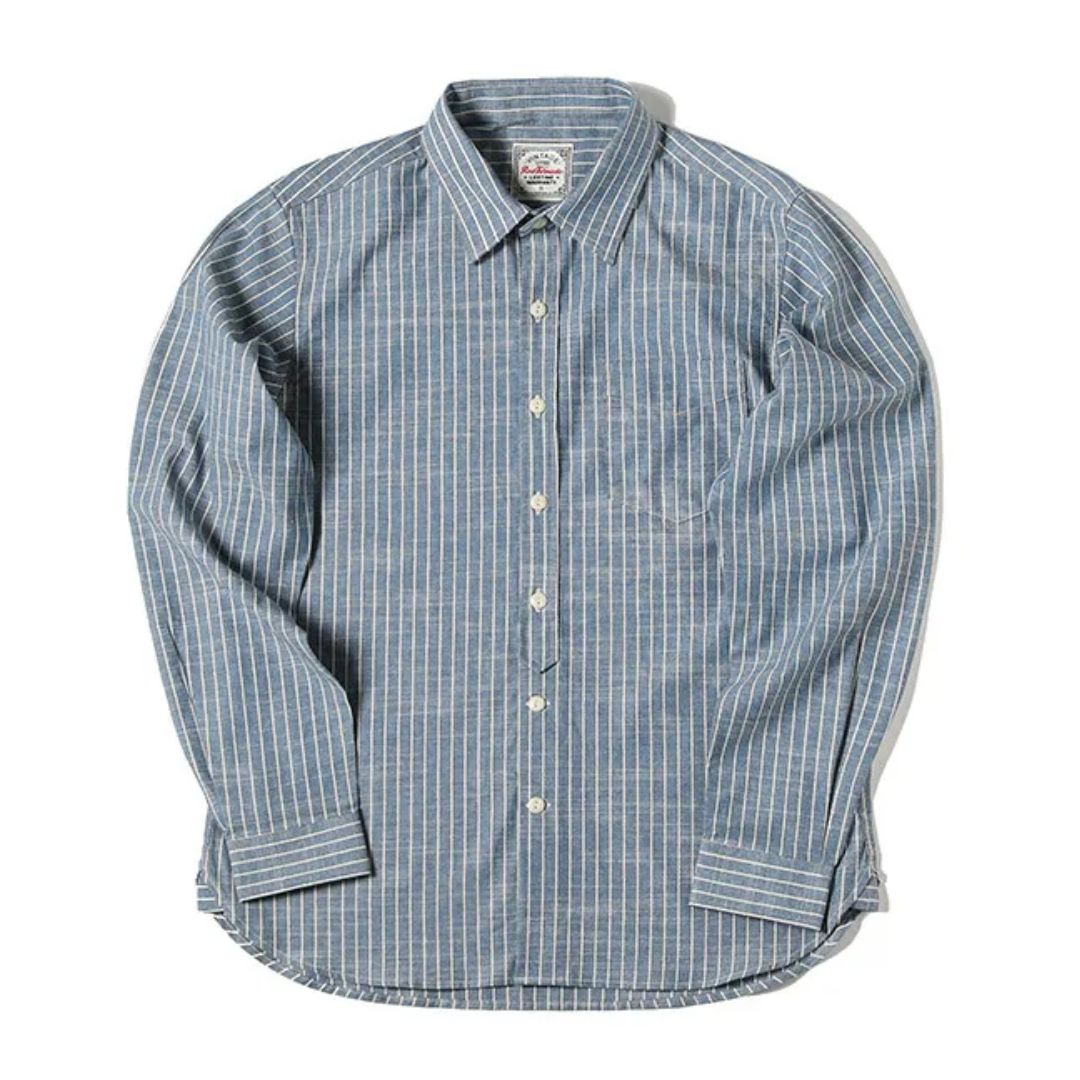 Blau-weiß gestreiftes Herrenhemd, langärmelig, Baumwolle, klassischer Kragen, Freizeitmode.