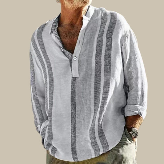 Herren Leinenhemd, weiß mit grauen Streifen, lässig, langärmlig, Knopfleiste, Sommermode.