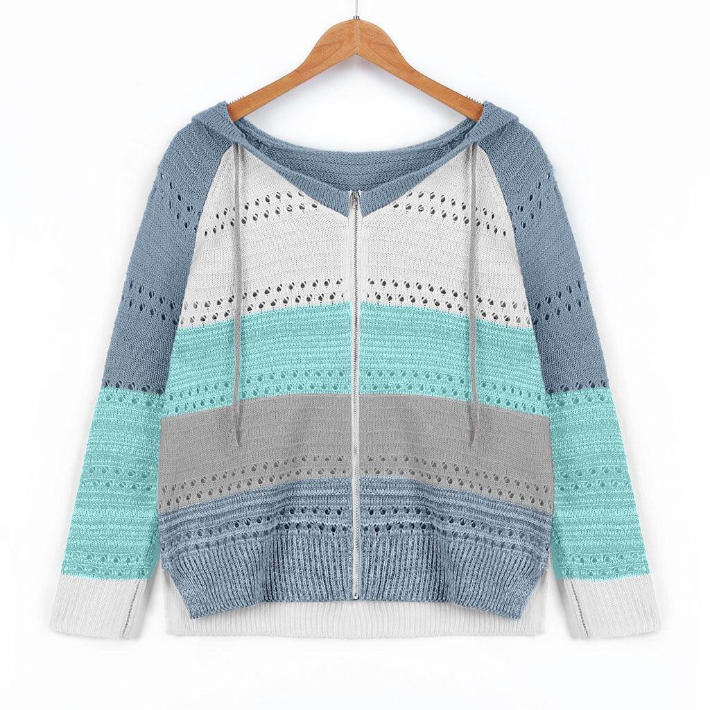 Gestreifte Damen-Strickjacke, blau-grau, Kapuze, Reißverschluss, Baumwolle, modisch.