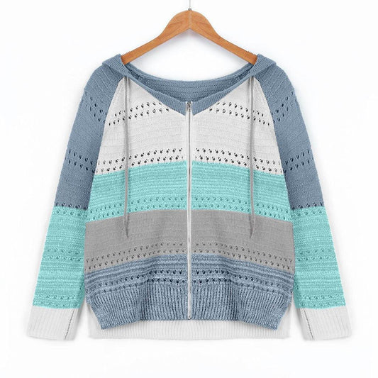 Gestreifte Damen-Strickjacke, blau-grau, Kapuze, Reißverschluss, Baumwolle, modisch.