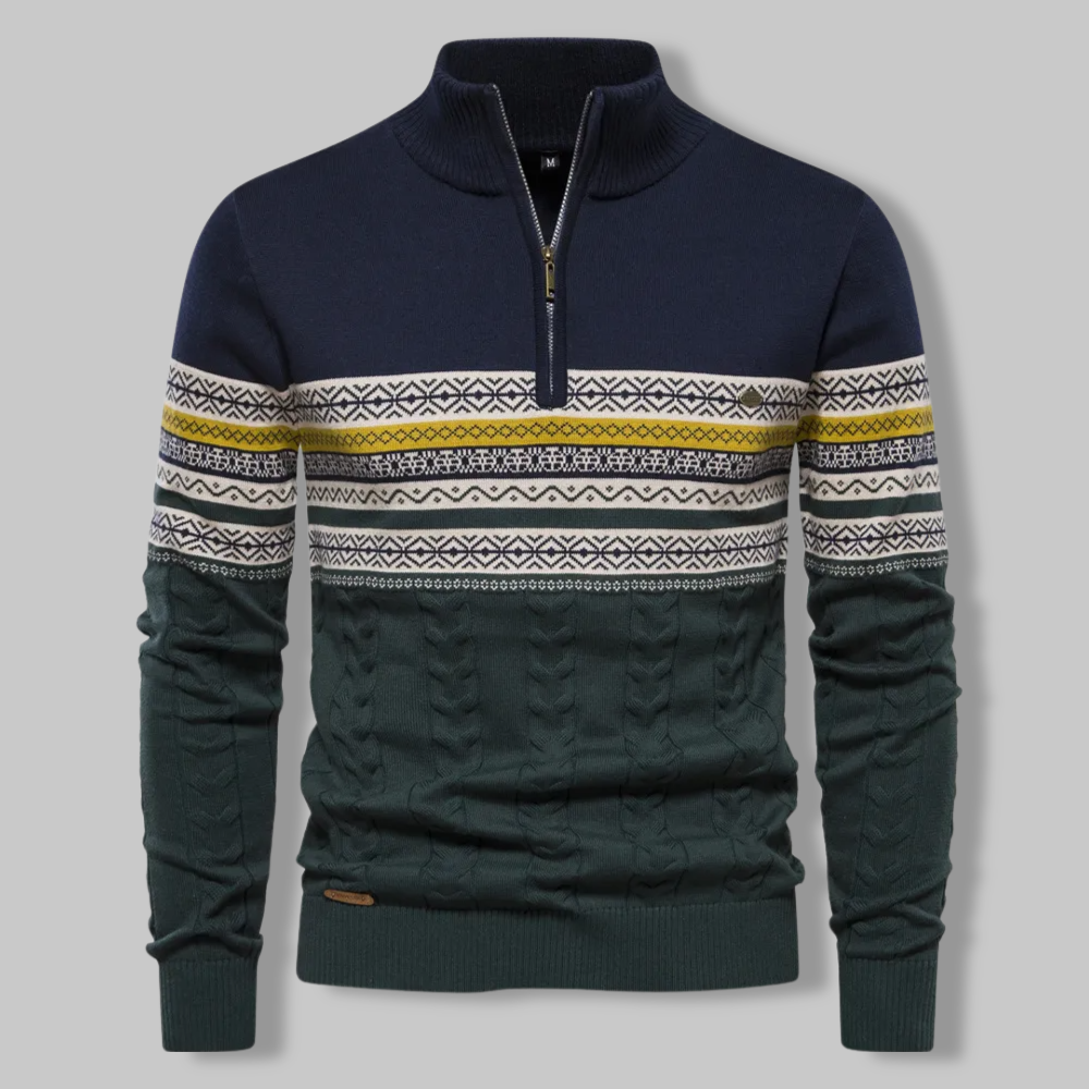 Dunkelblauer Herrenpullover mit Zopfmuster, Reißverschluss, skandinavisches Design, Baumwolle.