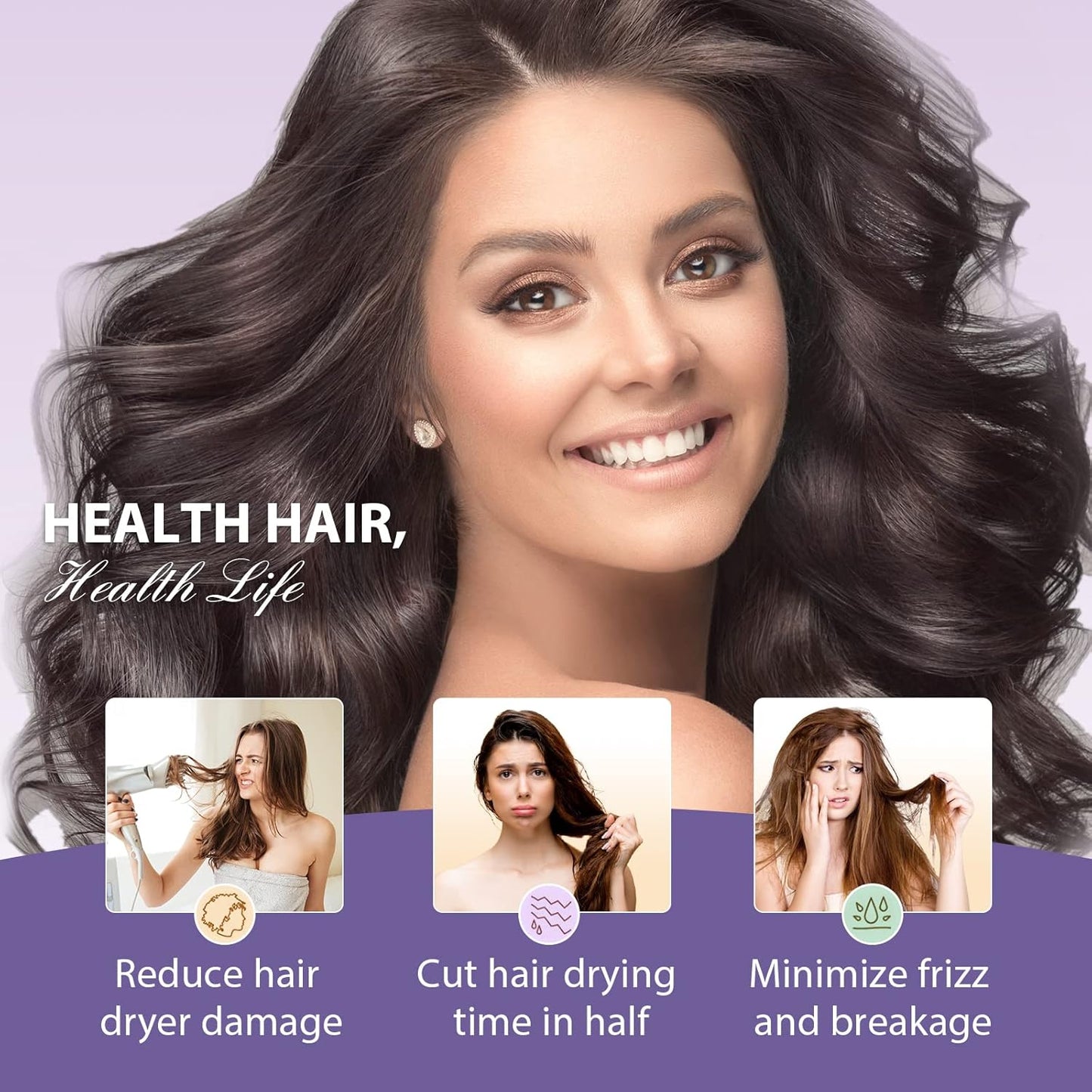Frau mit glänzendem, lockigem Haar, Haarpflege, gesundes Haar, Frizz reduzieren, Haarbruch minimieren.