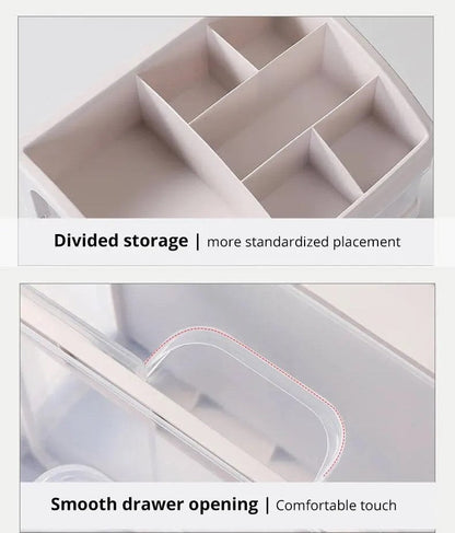 Transparente Kunststoff-Aufbewahrungsbox mit Fächern, glatte Schubladenöffnung, platzsparend.