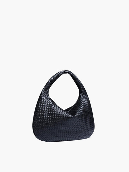 Schwarze geflochtene Handtasche aus Leder, modisches Accessoire für Damen.