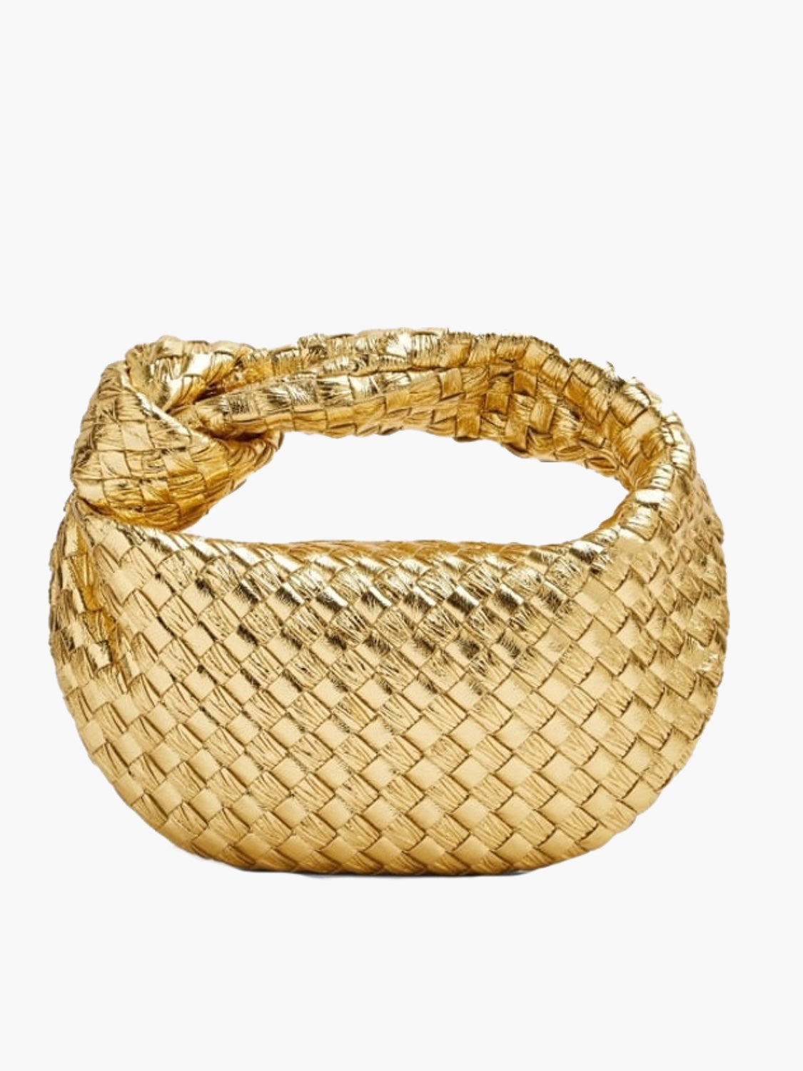 Goldene geflochtene Handtasche aus Metall, modisches Accessoire, elegantes Design.