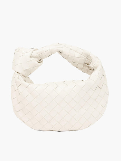 Cremefarbene Mini-Webtasche aus Leder, modisches Accessoire, handgefertigt, elegant.