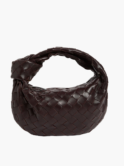 Braune geflochtene Mini-Handtasche aus Leder, modisches Accessoire, Damenmode, elegant.