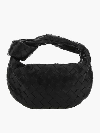 Schwarze geflochtene Mini-Handtasche aus Leder, modisch, elegant, Damen-Accessoire.
