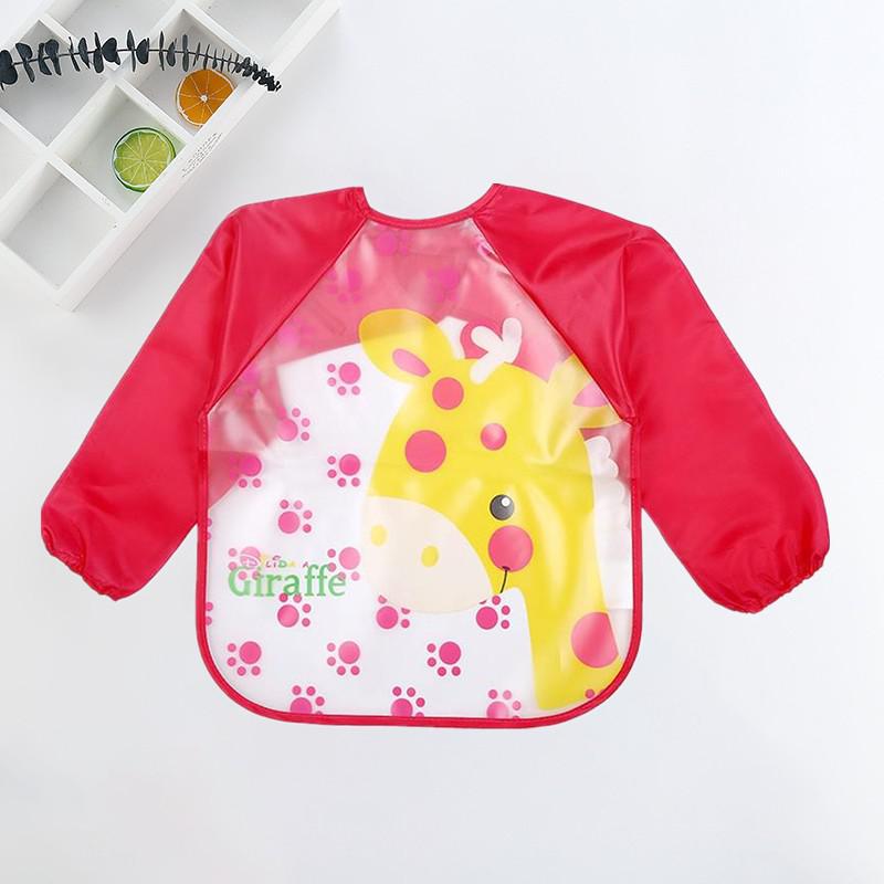 Roter Kinder-Lätzchen mit gelbem Giraffenmotiv, wasserdicht, langärmlig, BPA-frei.
