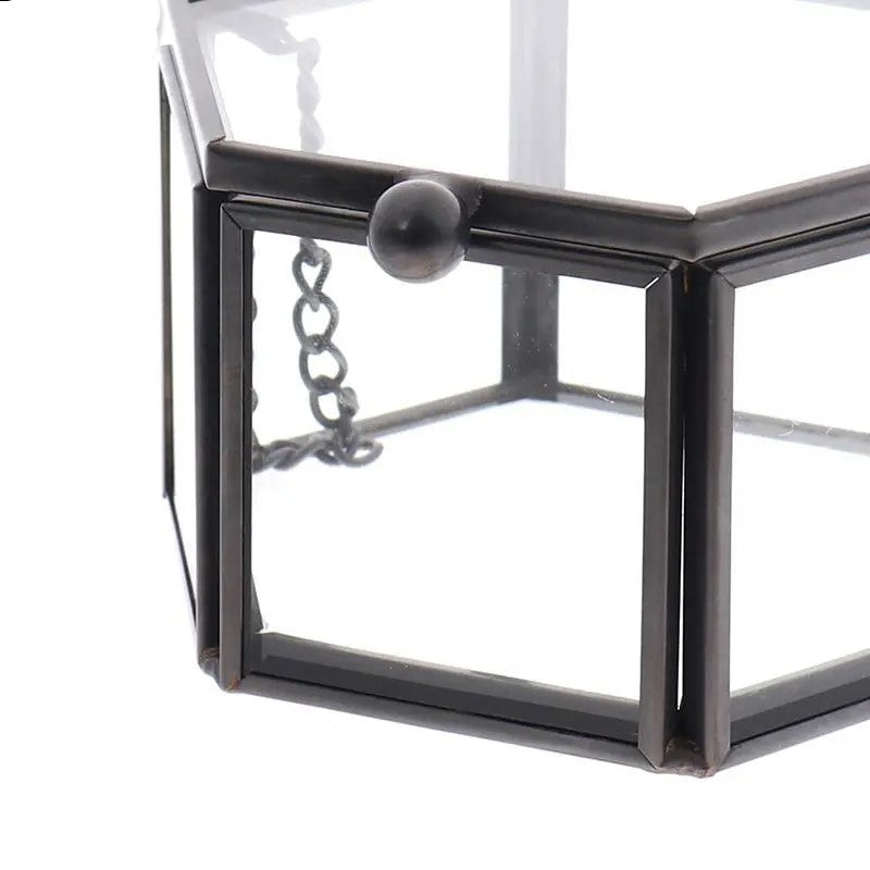 Schwarze Glasvitrine, sechseckig, Metallrahmen, dekorative Aufbewahrung, modern.