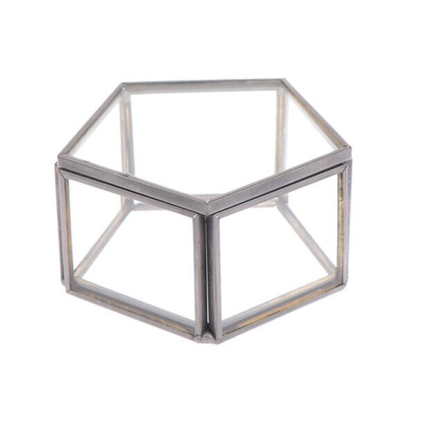 Sechseckiger Glas-Terrarium-Behälter, transparent, Metallrahmen, modern, dekorativ.