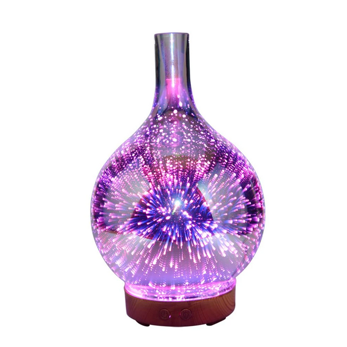 3D-Glas-Aromadiffusor mit LED-Licht, lila, Holzsockel, dekorativ, für ätherische Öle.