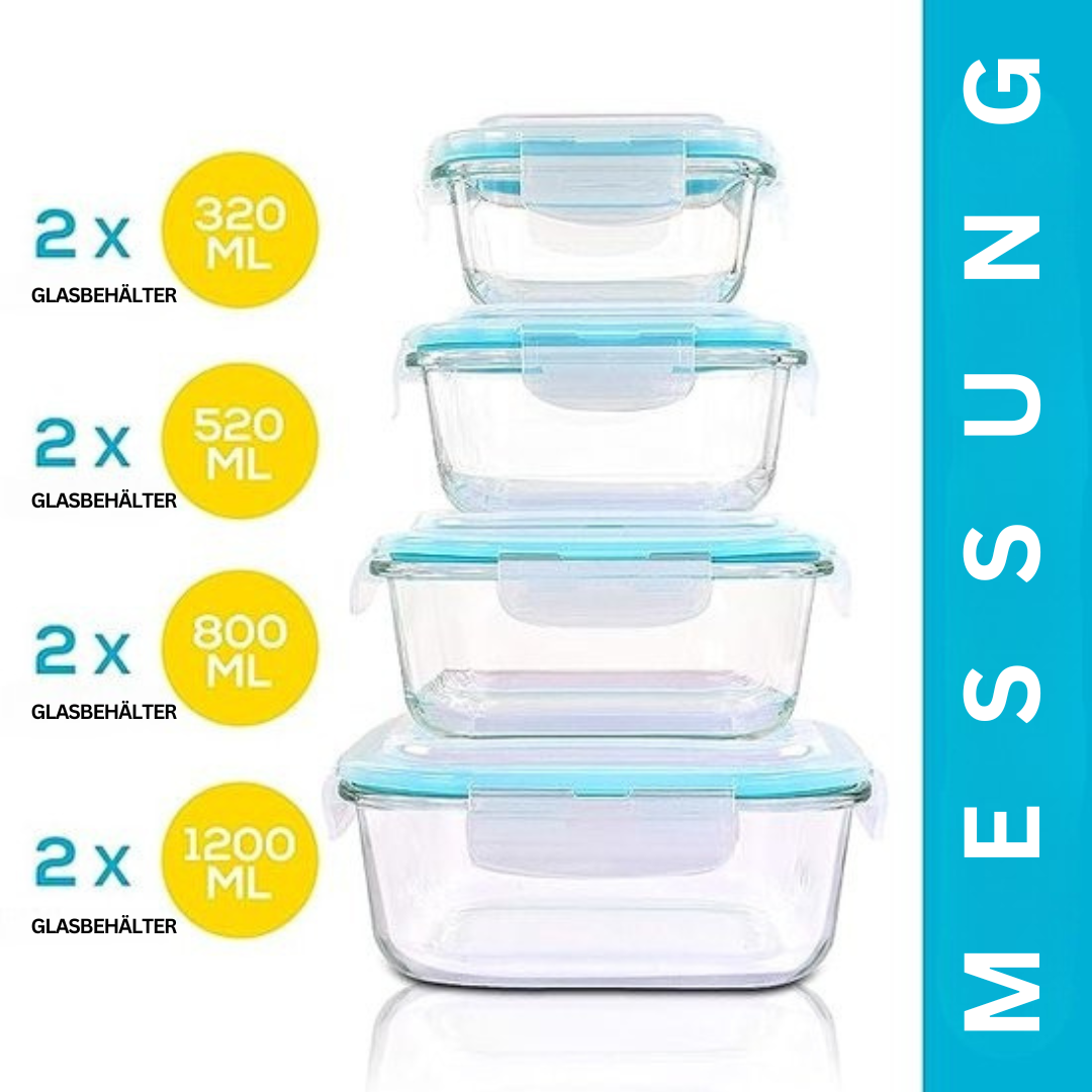 Stapelfähige Glasbehälter mit blauen Deckeln, 320ml bis 1200ml, auslaufsicher, BPA-frei.