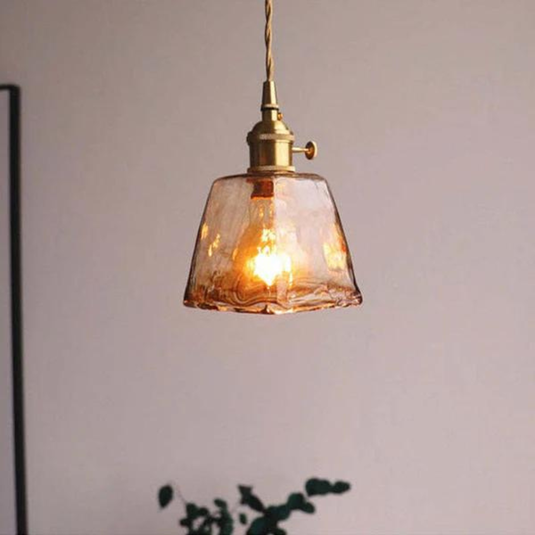Hängelampe aus Glas, Vintage-Stil, warmes Licht, goldene Fassung, Wohnzimmerbeleuchtung