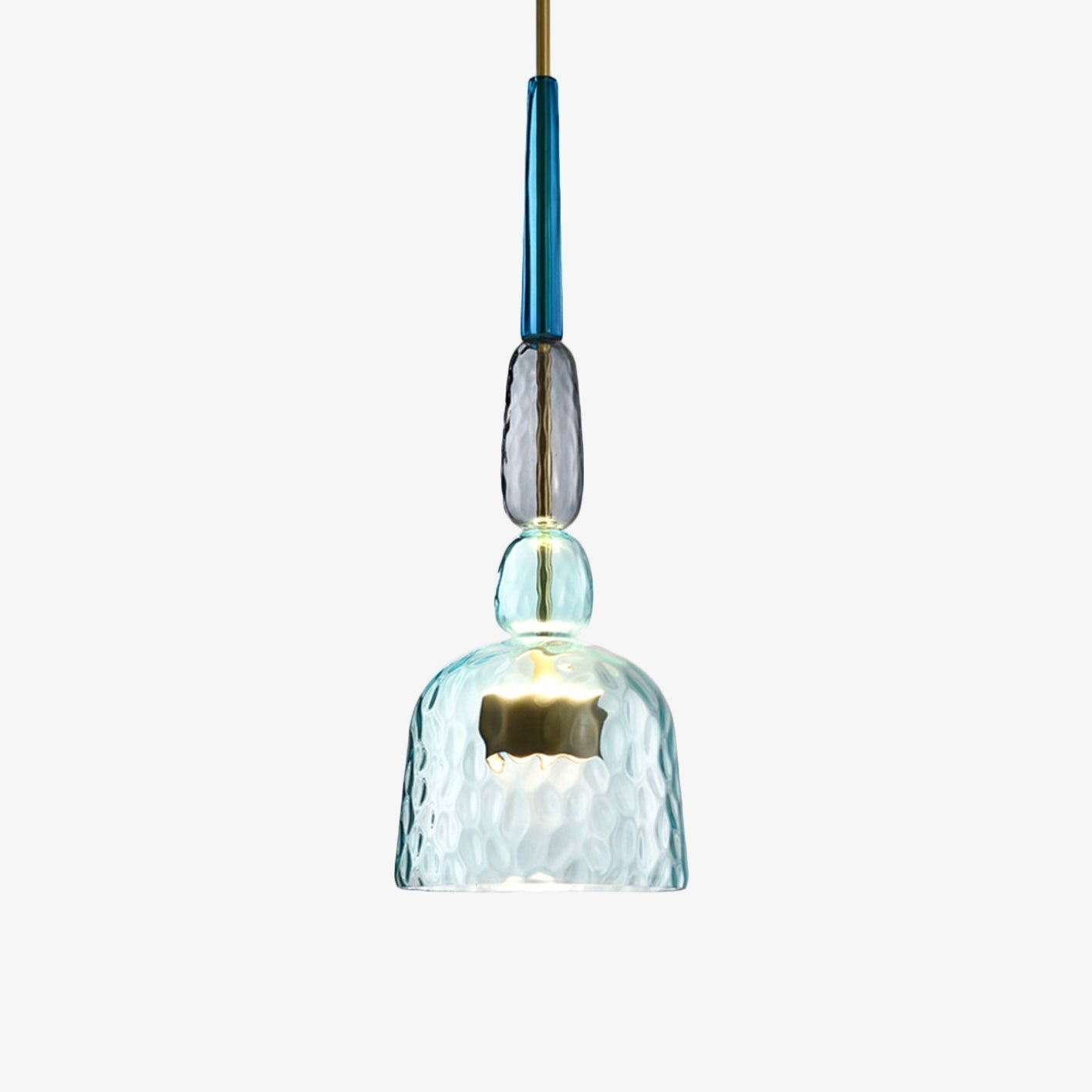 Moderne Glas-Pendelleuchte, blau und transparent, LED, für Wohnzimmerbeleuchtung.