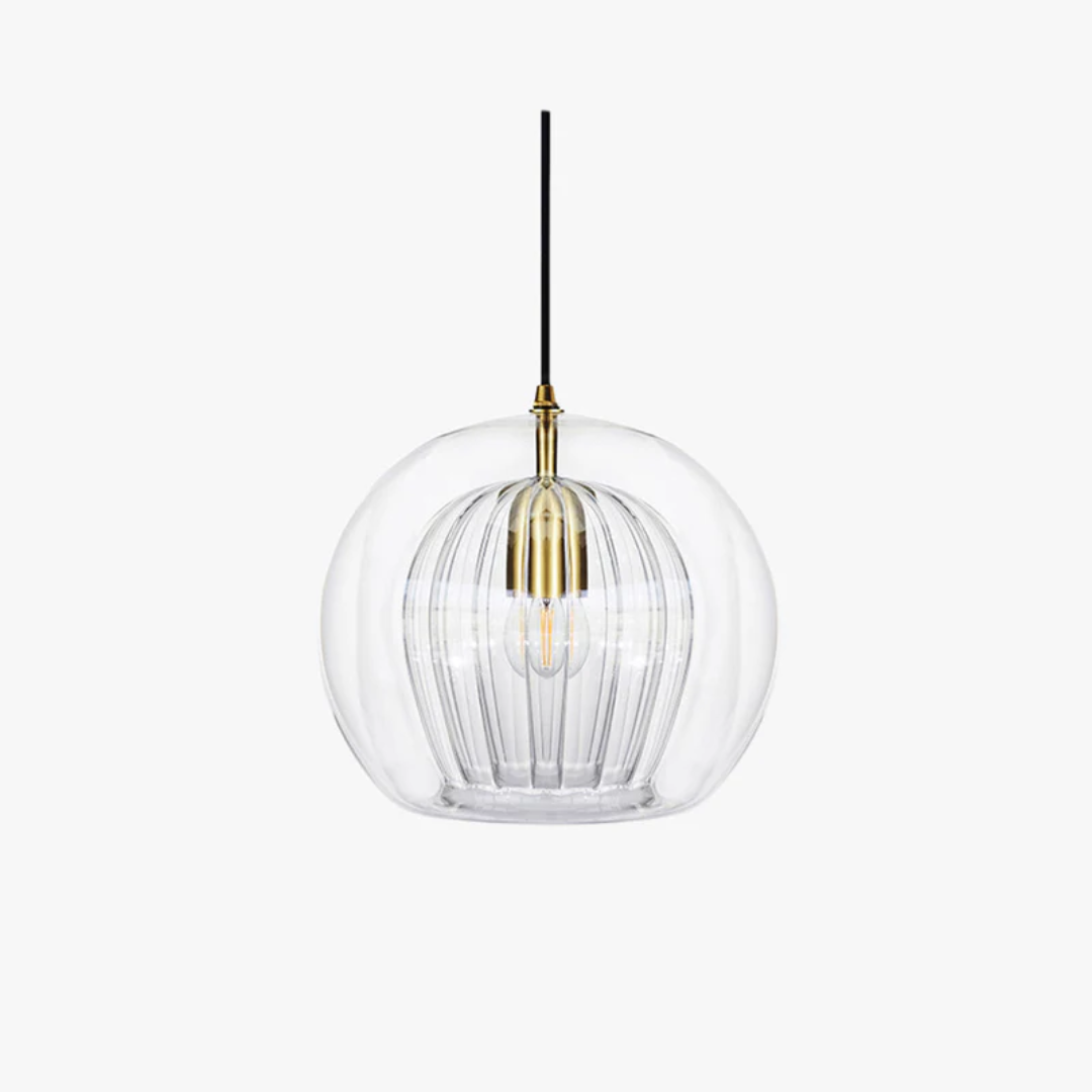 Kugelförmige Glas-Pendelleuchte, transparent, mit schwarzem Kabel, modernes Design.