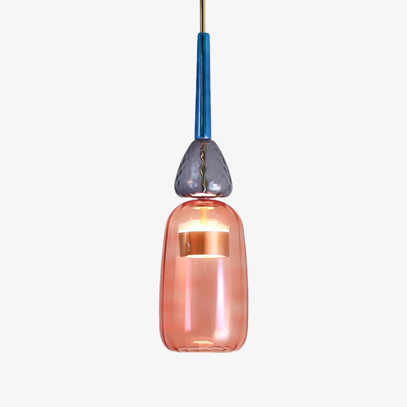 Rosa Glas-Pendelleuchte mit blauem und grauem Akzent, modernes Design, LED, Innenbeleuchtung.