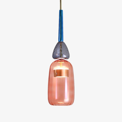 Rosa Glas-Pendelleuchte mit blauem und grauem Akzent, modernes Design, LED, Innenbeleuchtung.