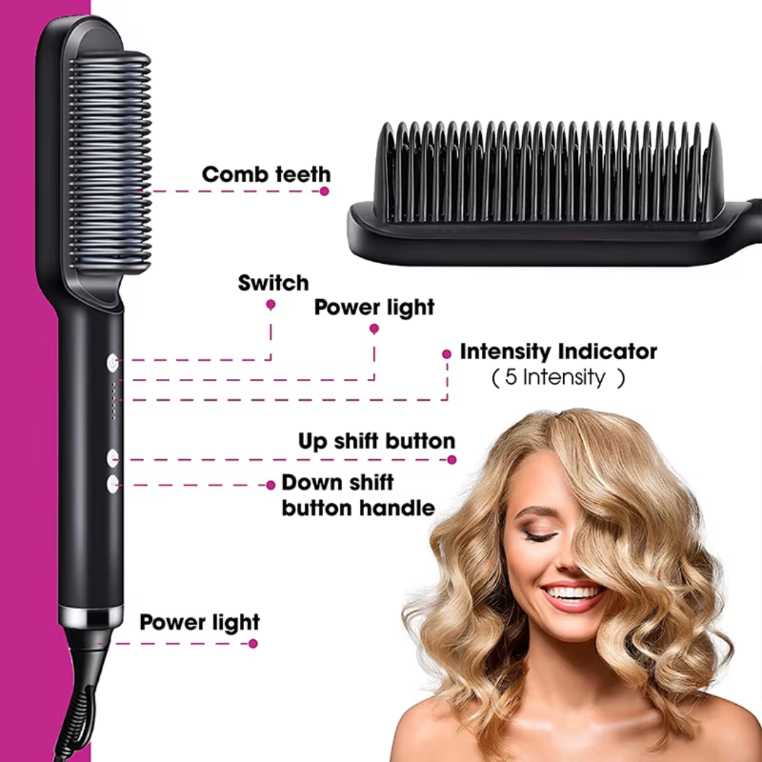 Schwarze elektrische Haarglättbürste mit Intensitätsanzeige, ideal für glattes Haarstyling.