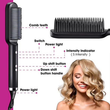 Schwarze elektrische Haarglättbürste mit Intensitätsanzeige, ideal für glattes Haarstyling.